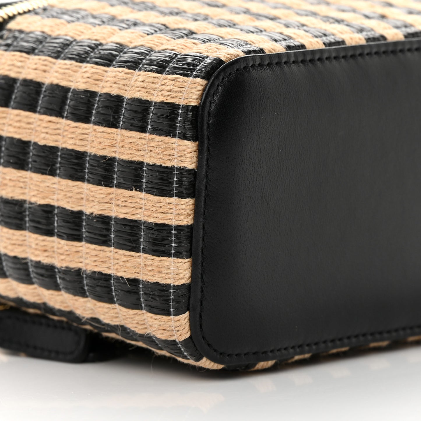 Raffia Jute Striped Small Vanity Case With Chain Black Beige