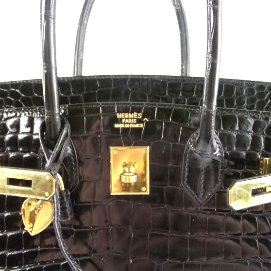 Porosus Crocodile BIRKIN 35 Shiny Black