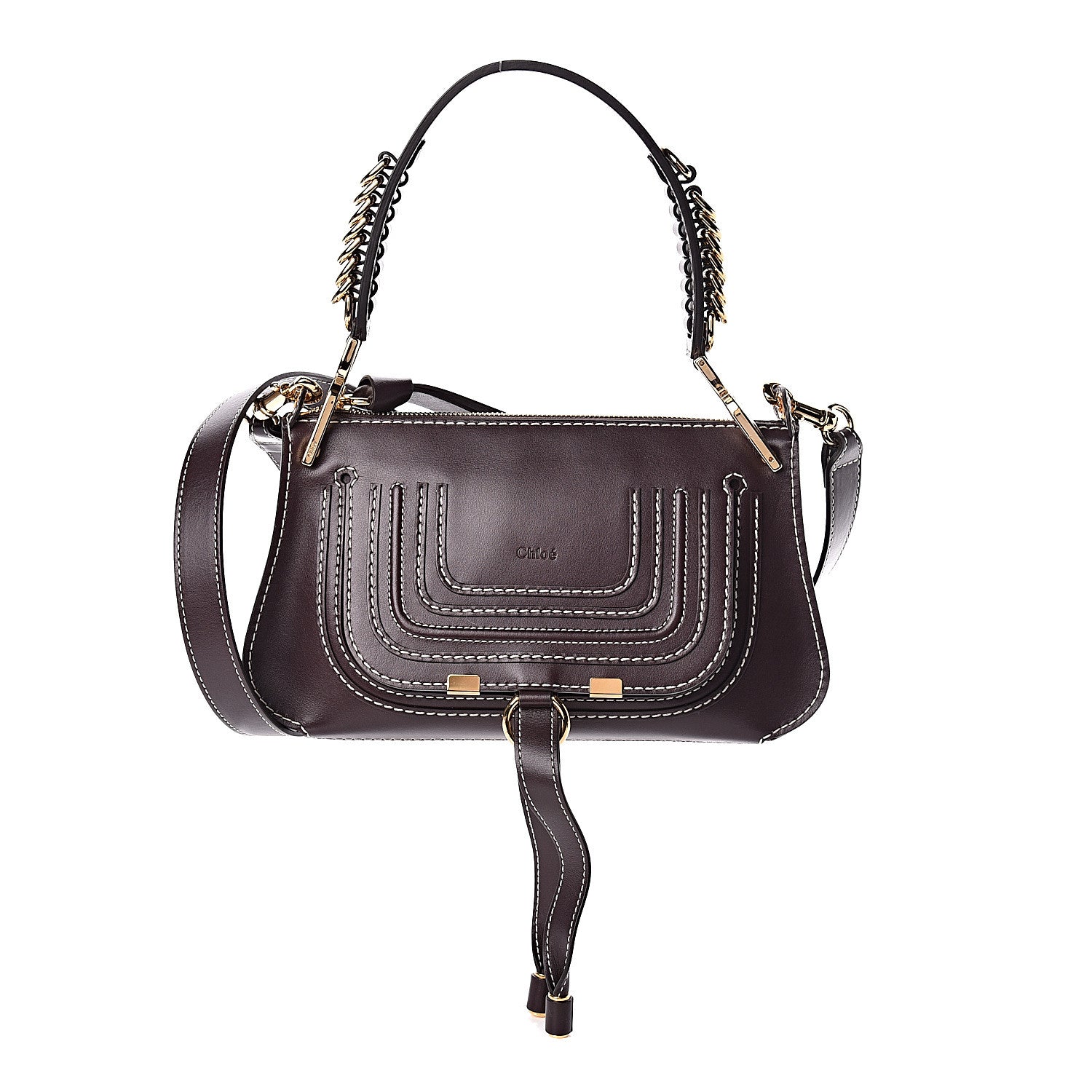 Chloe Shiny Calfskin Small Marcie Saddle Shoulder Bag Black Raisin 1 of 11