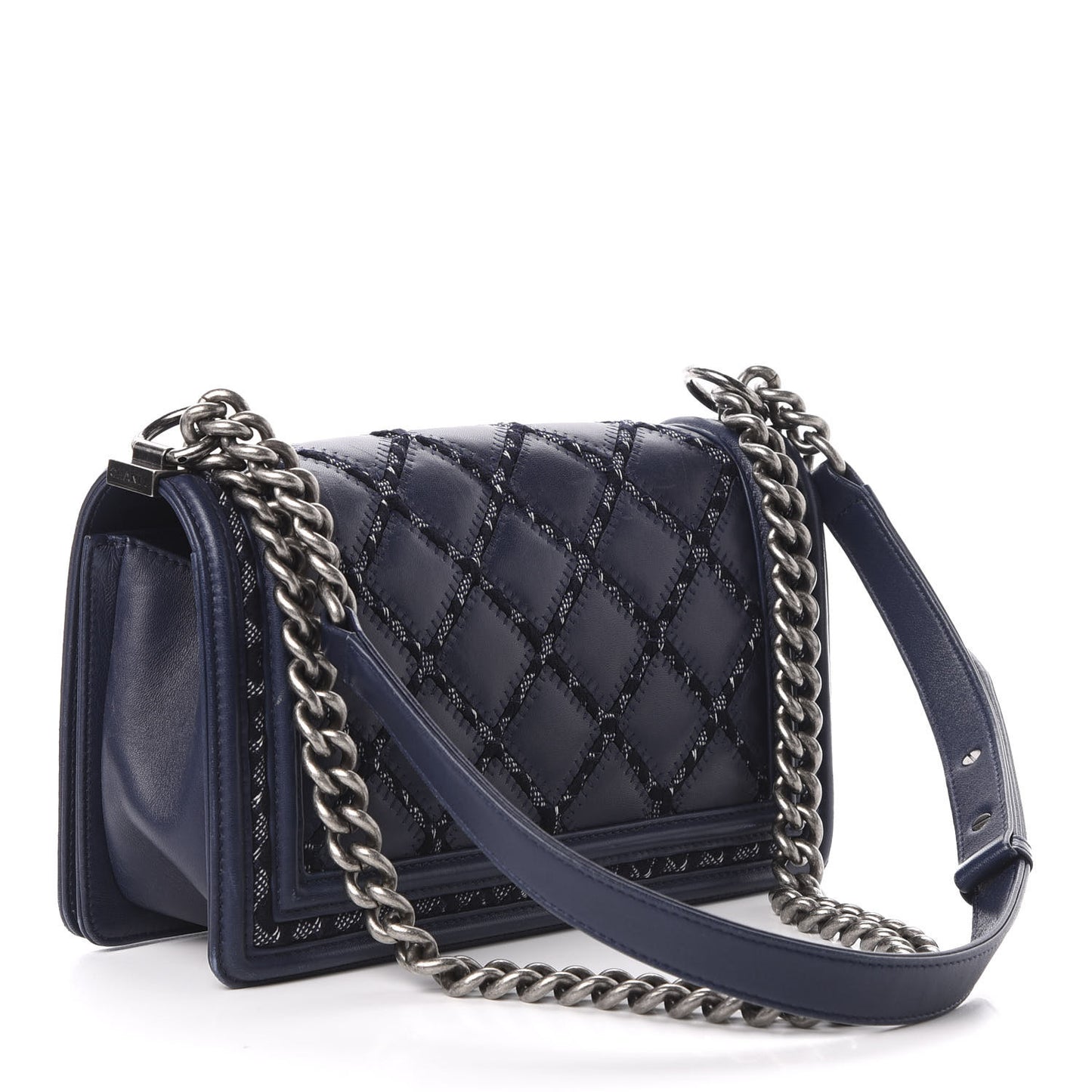 Calfskin Tweed Double Stitch Medium Boy Flap Navy Blue