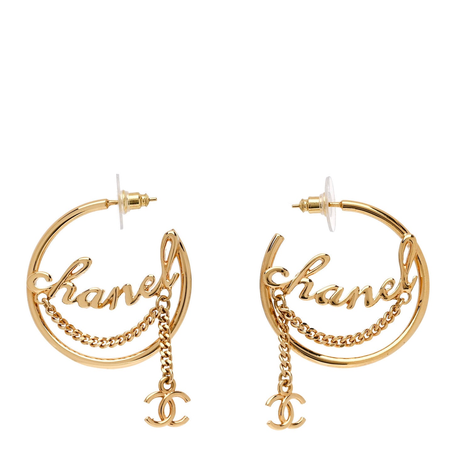 Metal Chain CC Hoop Earrings Gold