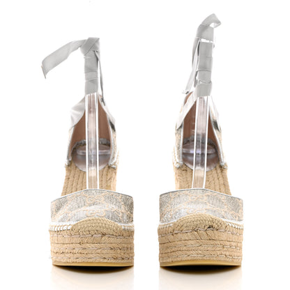 Gucci Lame GG Monogram Ankle Wrap Platform Espadrille Wedges 38 Silver Beige Light Grey 2 of 9