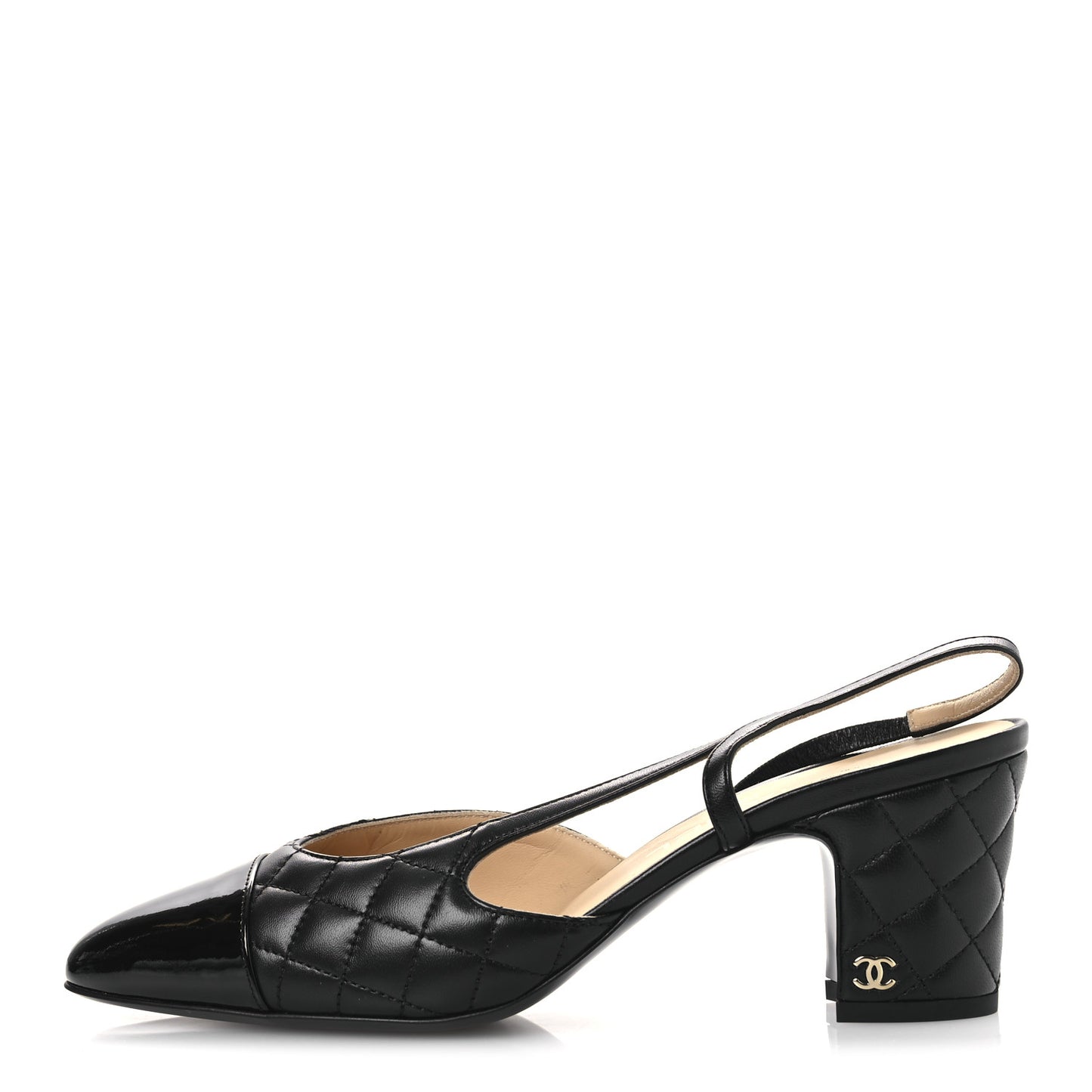 Lambskin Patent Calfskin Quilted Cap Toe CC Slingback Pumps 38 Black