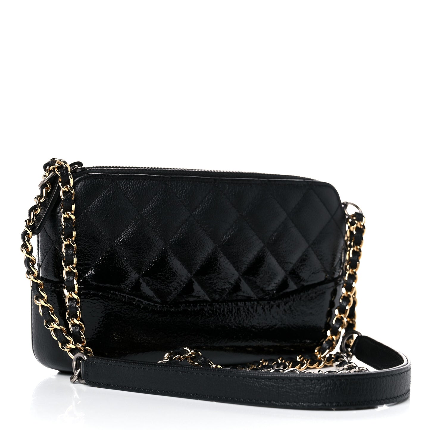 Patent Goatskin Quilted Small Gabrielle Clutch With Chain Black