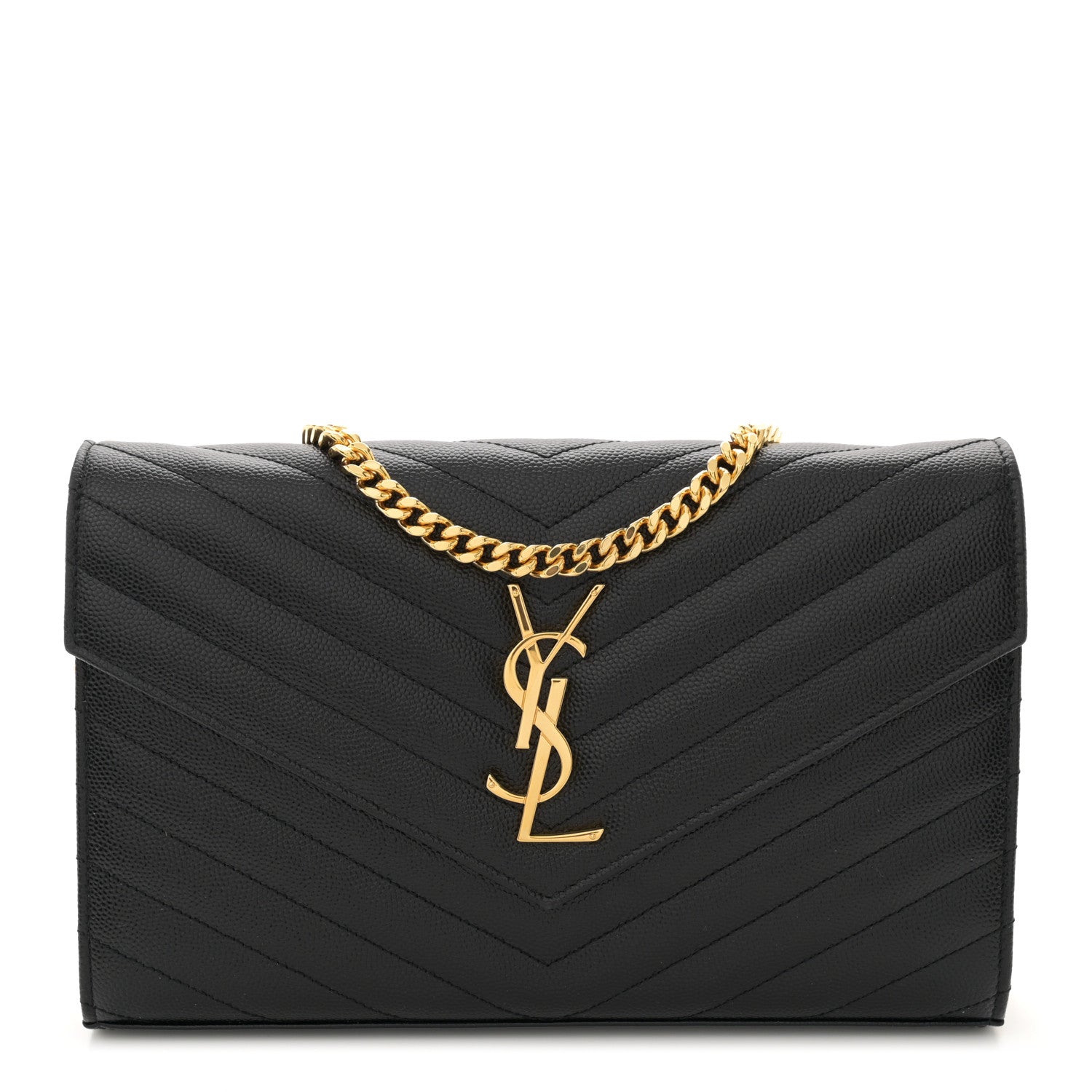 Saint Laurent Grain De Poudre Matelasse Chevron Monogram Chain Wallet Black 1 of 11
