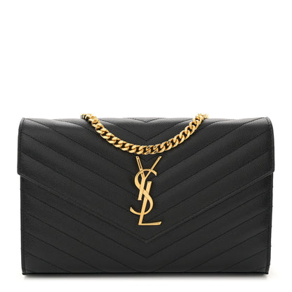Saint Laurent Grain De Poudre Matelasse Chevron Monogram Chain Wallet Black 1 of 11