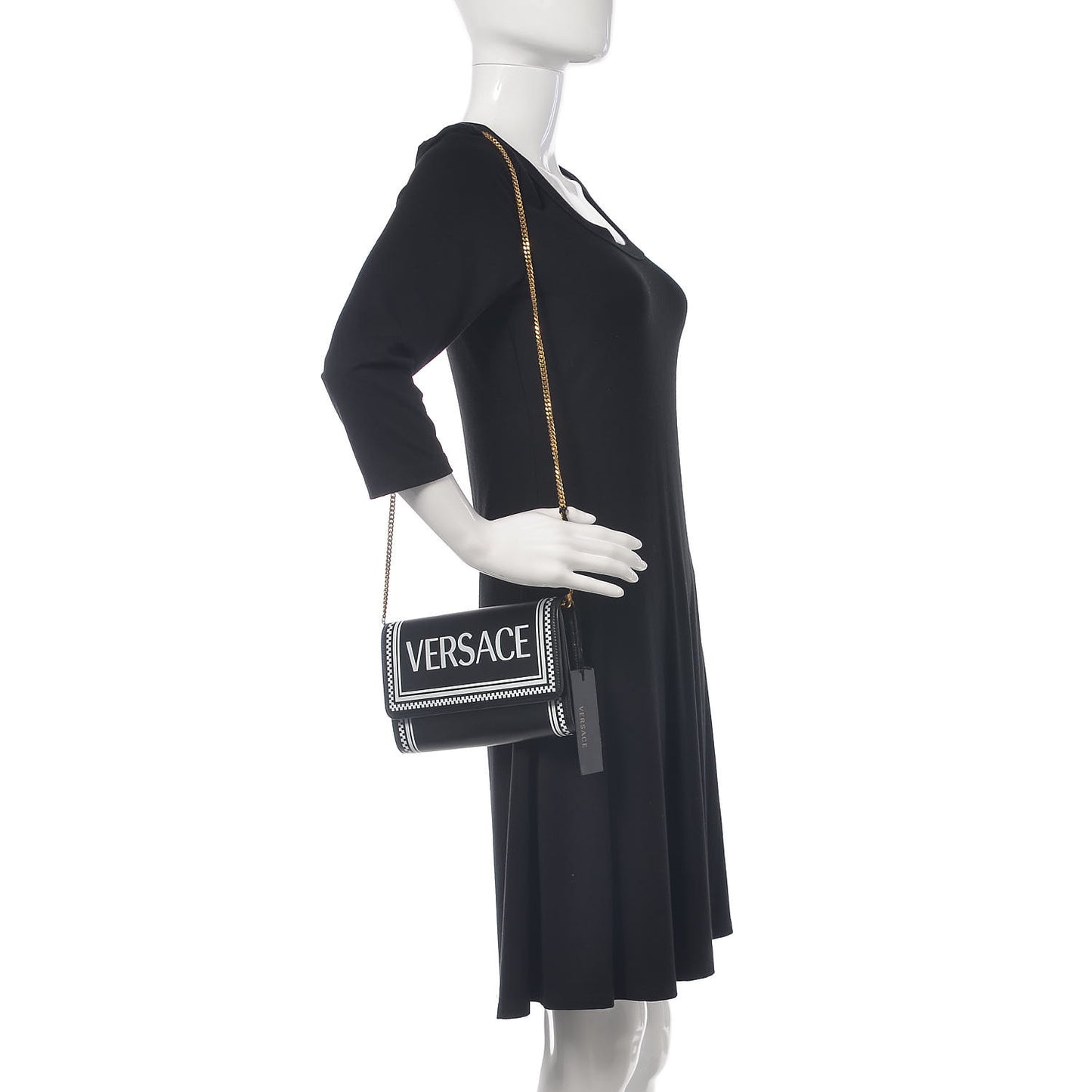 Calfskin 90's Vintage Logo Chain Evening Bag Black White