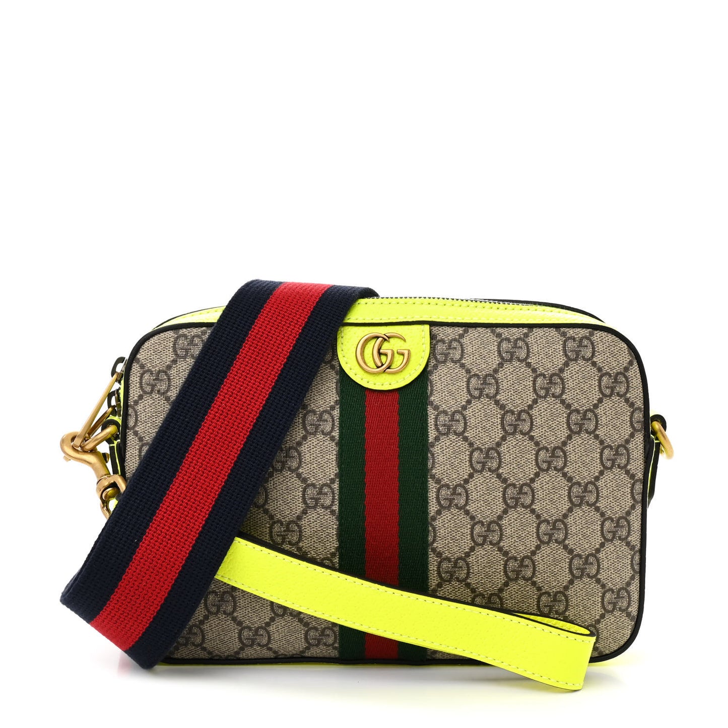 GG Supreme Monogram Textured Dollar Calfskin Web Ophidia Wristlet Shoulder Bag Beige Ebony Fluo Yellow