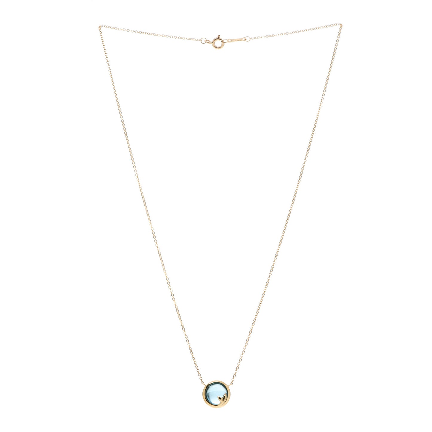 18K Yellow Gold Blue Topaz Olive Leaf Pendant Necklace