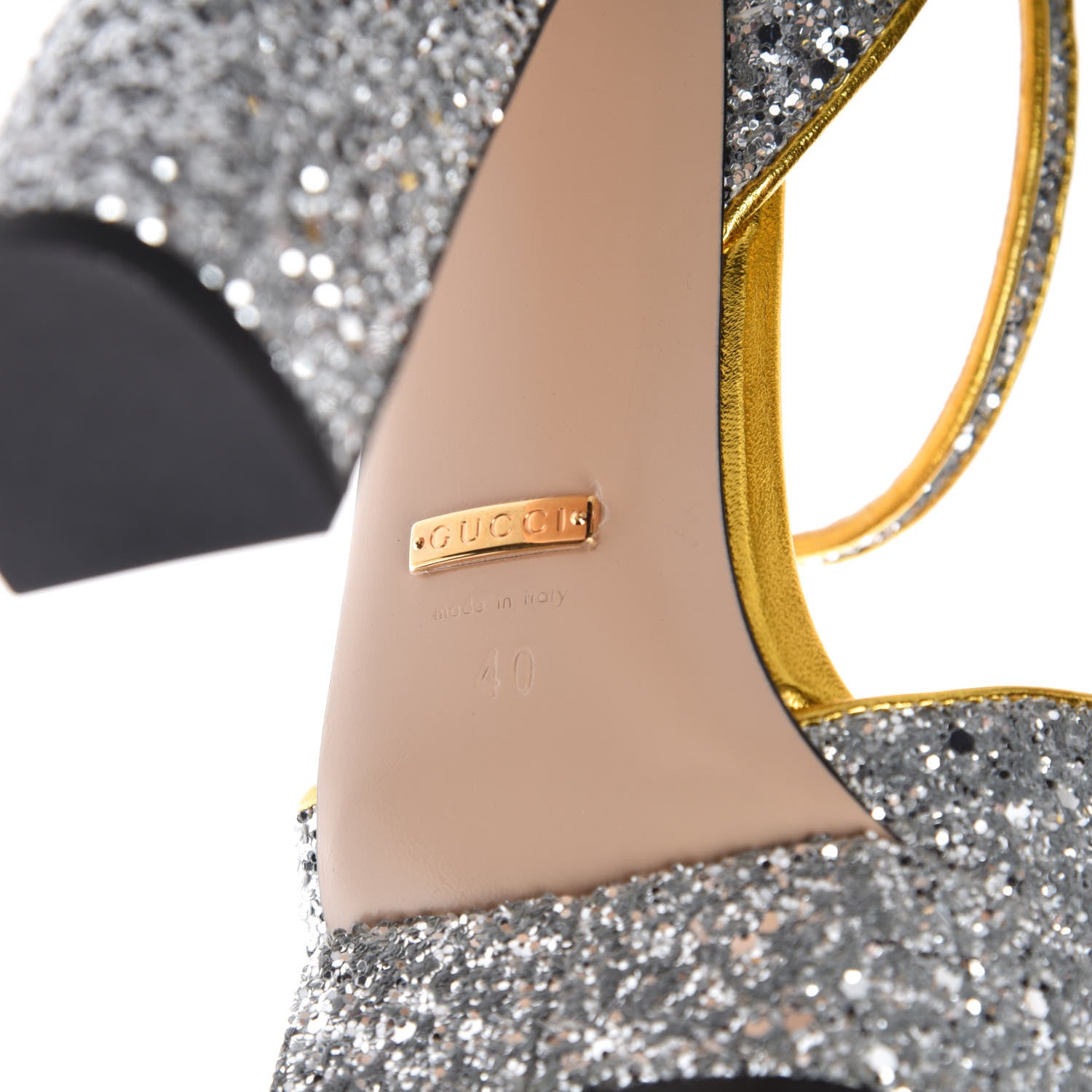 Gucci Glitter Soko Bee Platform High Heel Sandals 40 Argento Oro