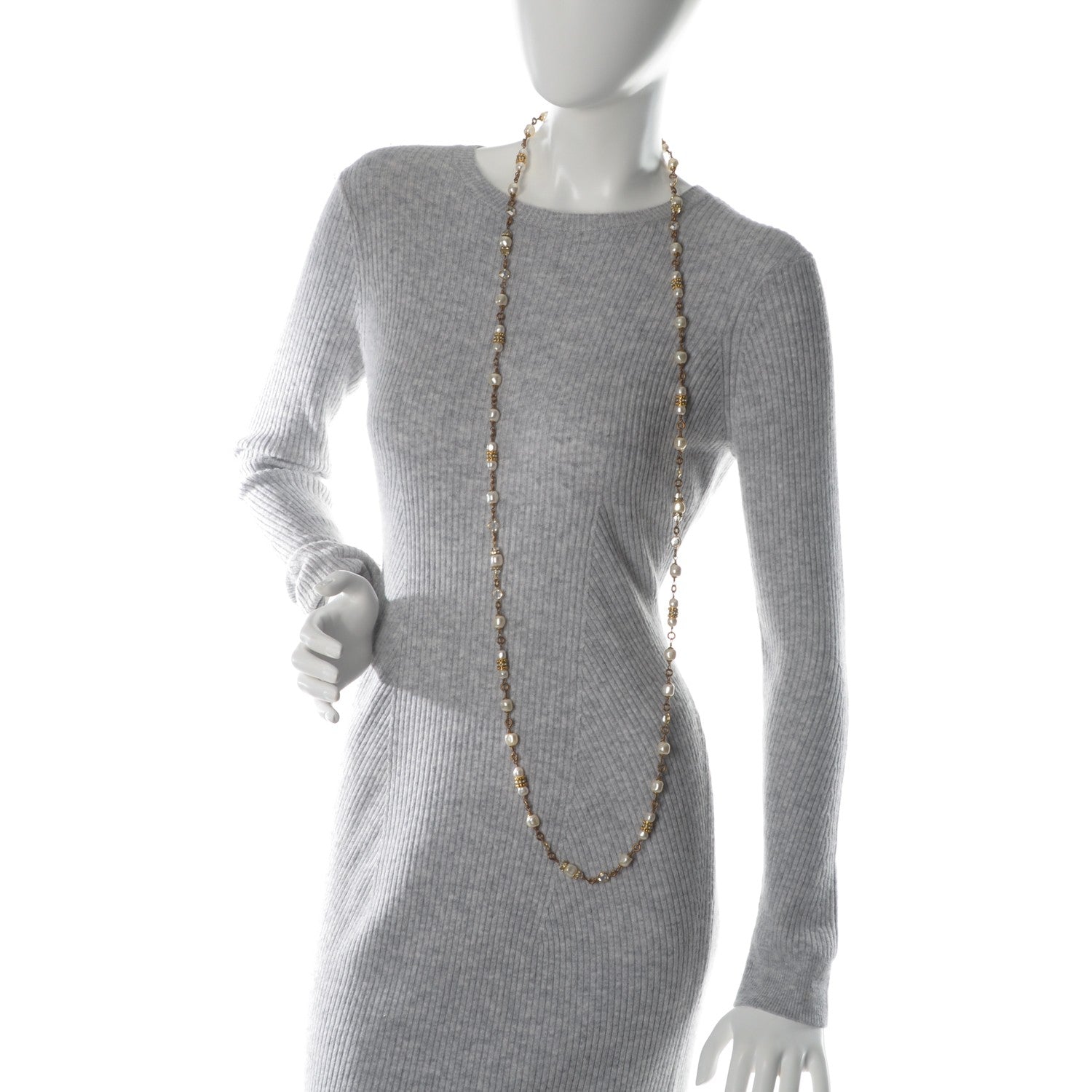 Chanel Crystal Pearl Sautoir Long Necklace Gold White 2 of 6