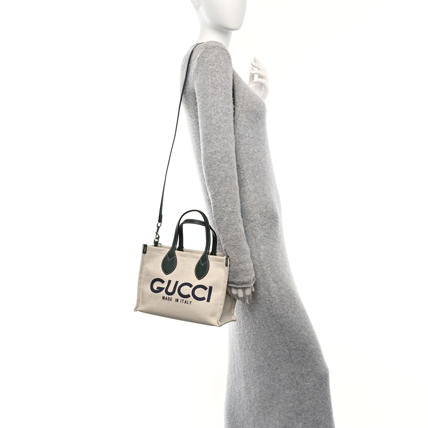 Gucci Canvas Calfskin Logo Print Medium Tote Bag Green 2 of 12