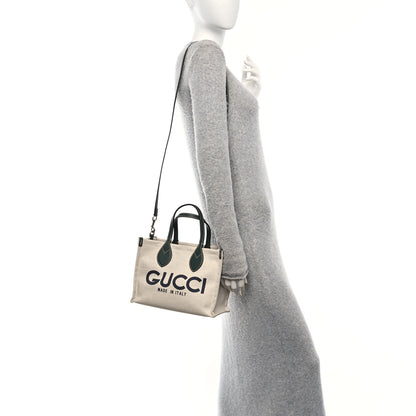 Gucci Canvas Calfskin Logo Print Medium Tote Bag Green 2 of 12