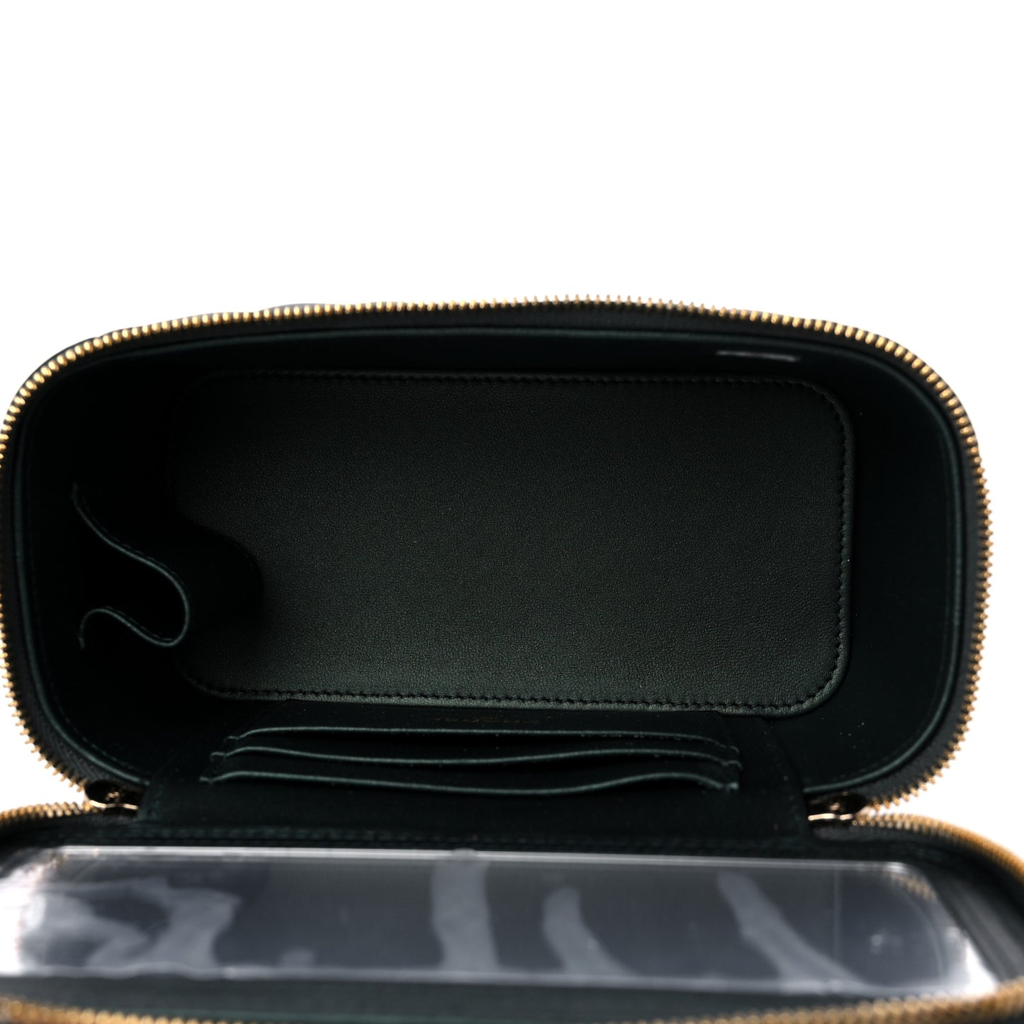 Iridescent Lambskin Quilted Small Top Handle Vanity Case With Chain Dark Green