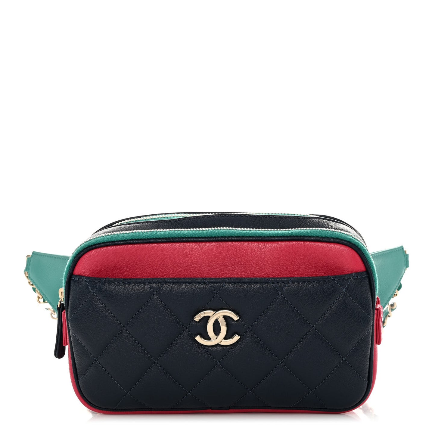 Goatskin Quilted Tri-Color In & Out Waist Bag Navy Turquoise Pink