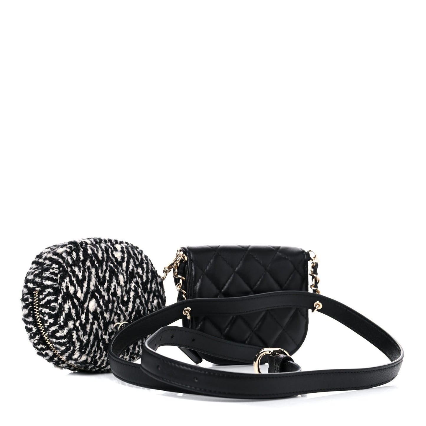 Tweed Lambskin Quilted Waist Bag With Coin Purse Black