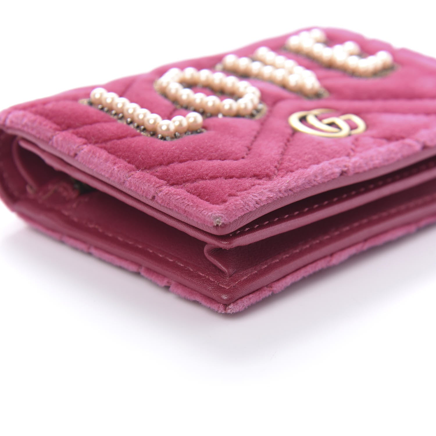 Gucci Velvet Matelasse Pearl Love Embroidered GG Marmont Card Case Wallet Light Raspberry Rose 6 of 9