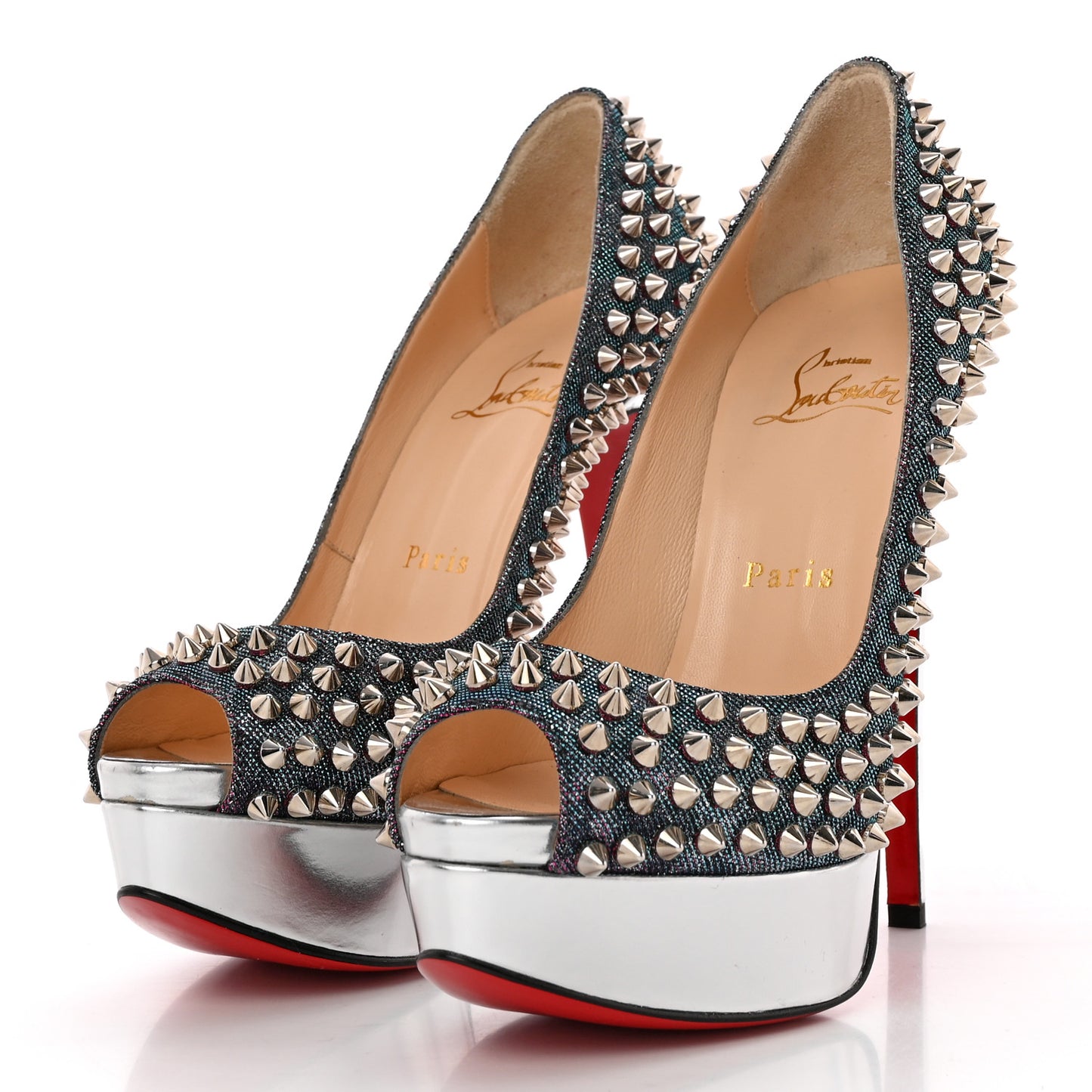 Lame Satin Lady Peep Spikes 150 Pumps 36 Turquoise Violet Silver