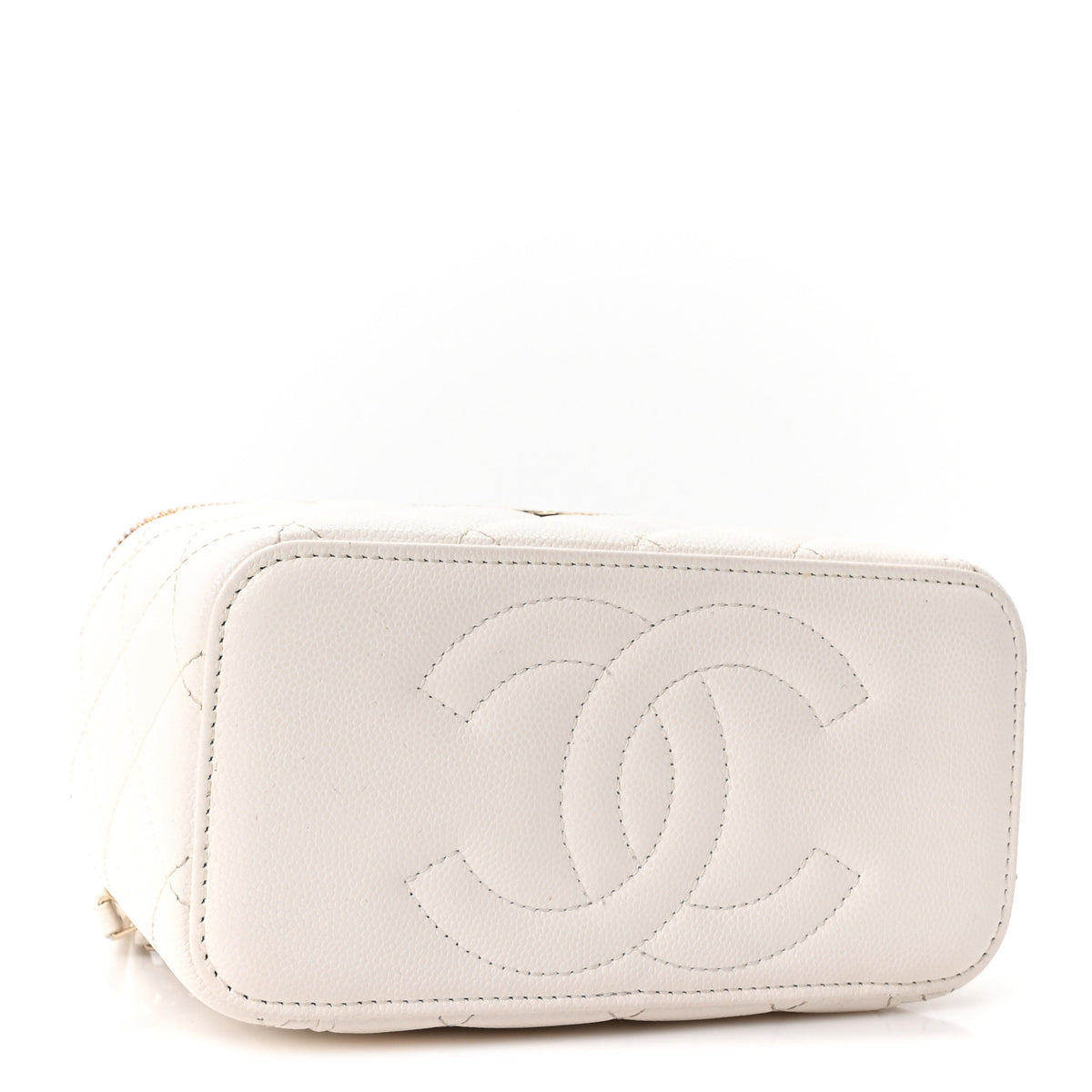 Caviar Quilted Crystal CC Logo Vanity Case With Chain White
