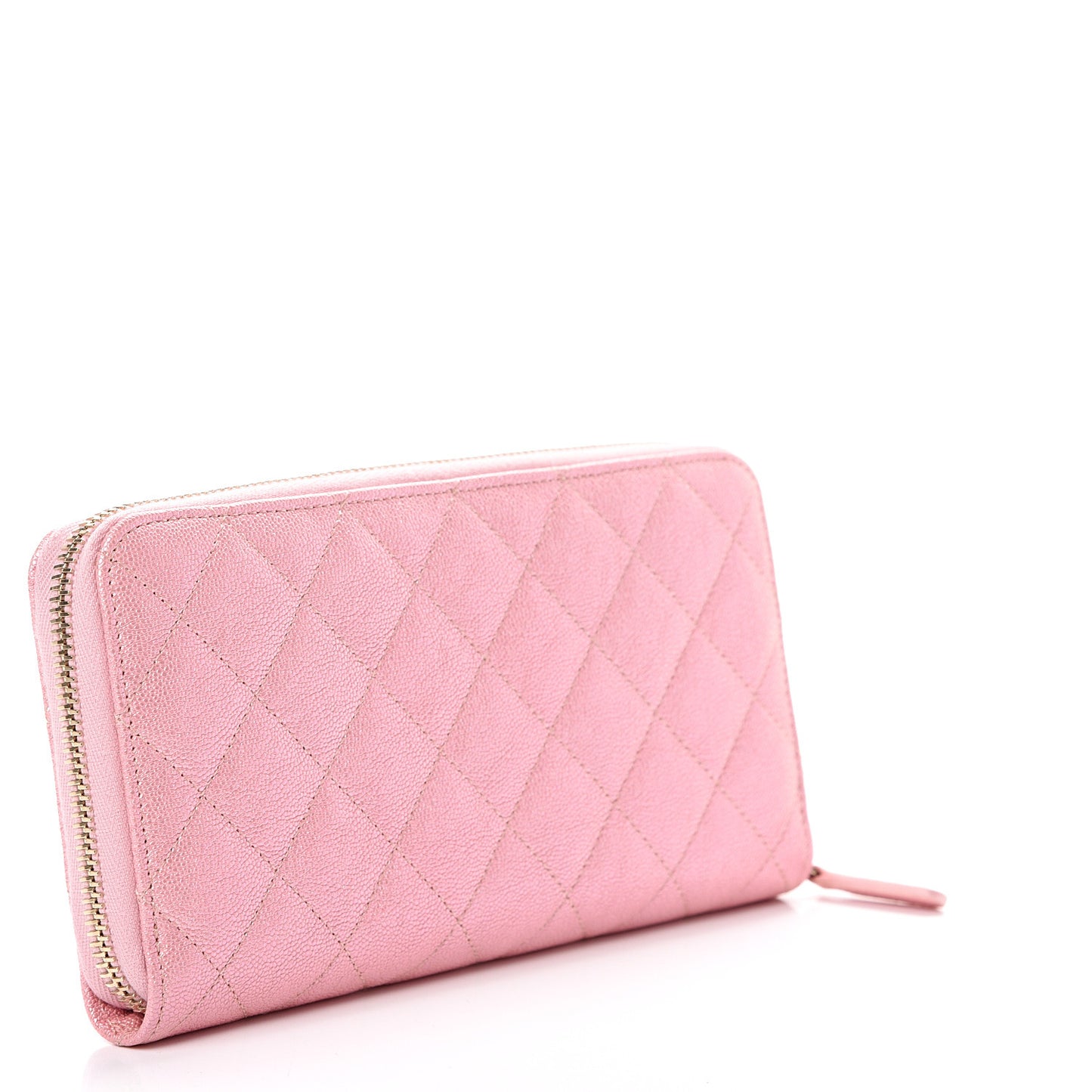 Iridescent Caviar Quilted Large Zip Around Wallet Pink