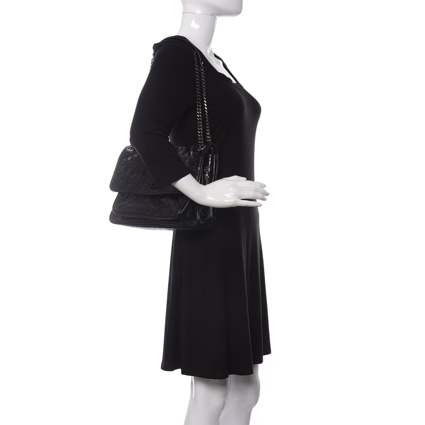 Crinkled Calfskin Matelasse Monogram Medium Niki Chain Satchel Black