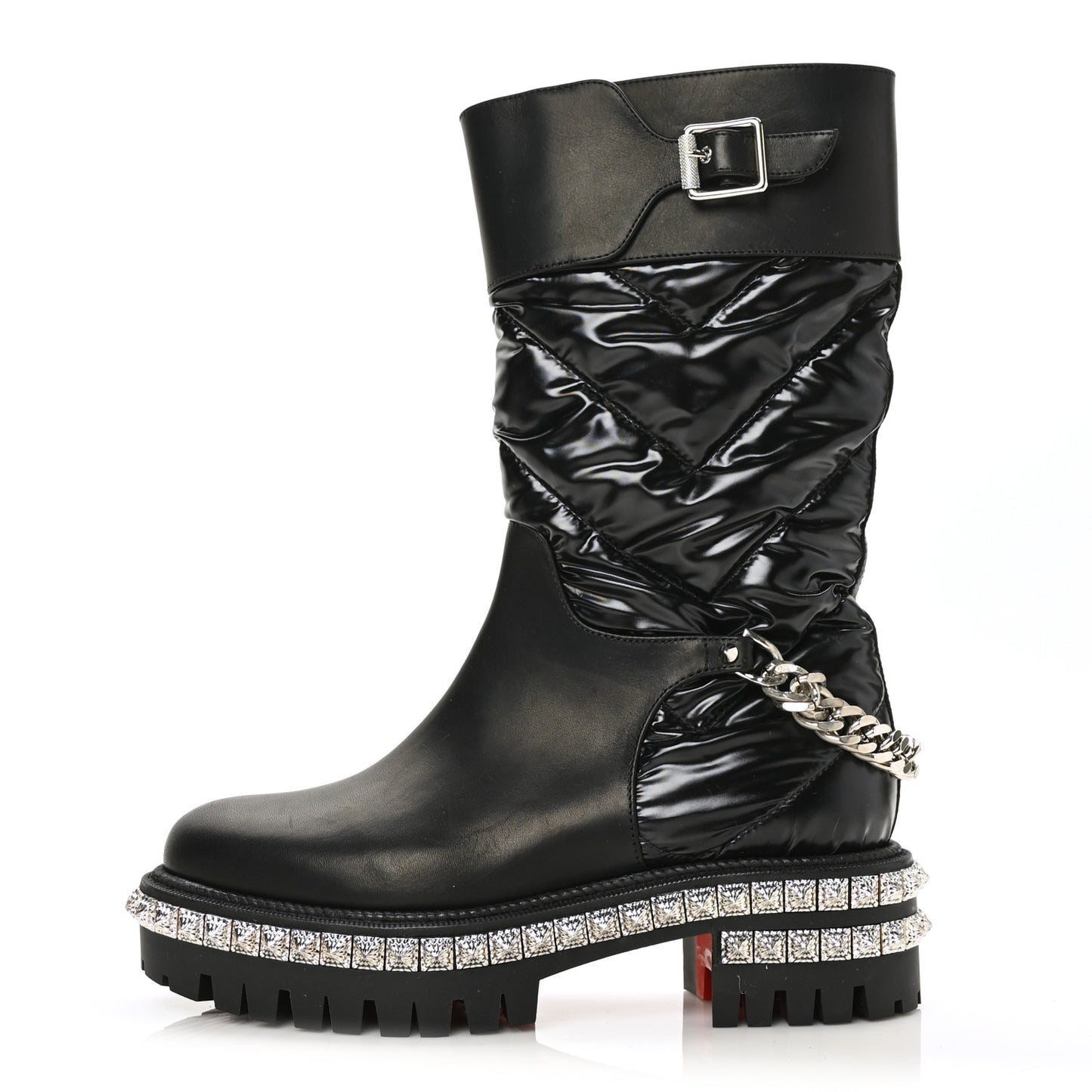 Glazed Fabric Quilted Calfskin Studded Chain Verdonna Boots 35 Black
