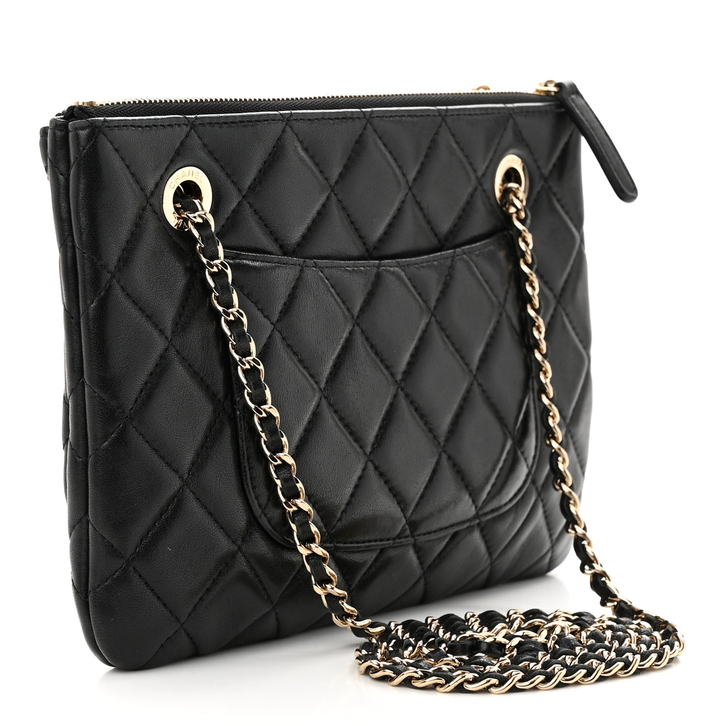 Shiny Lambskin Quilted Medium Double Case With Strap Black