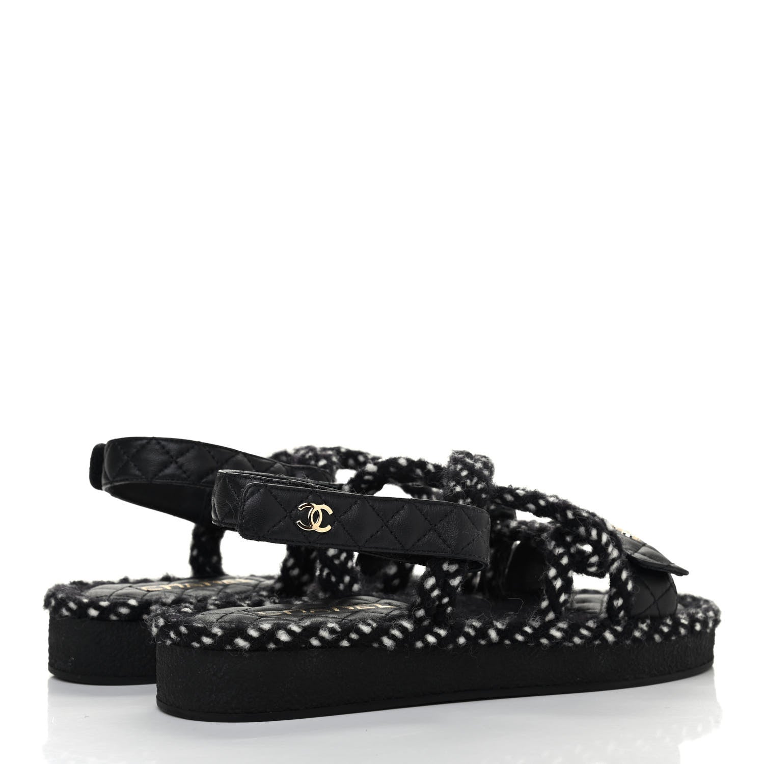 Chanel Cord Lambskin Quilted Logo Sandals 39 Black White 3 of 4