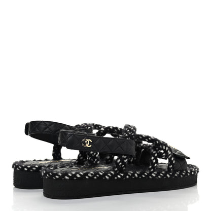 Chanel Cord Lambskin Quilted Logo Sandals 39 Black White 3 of 4