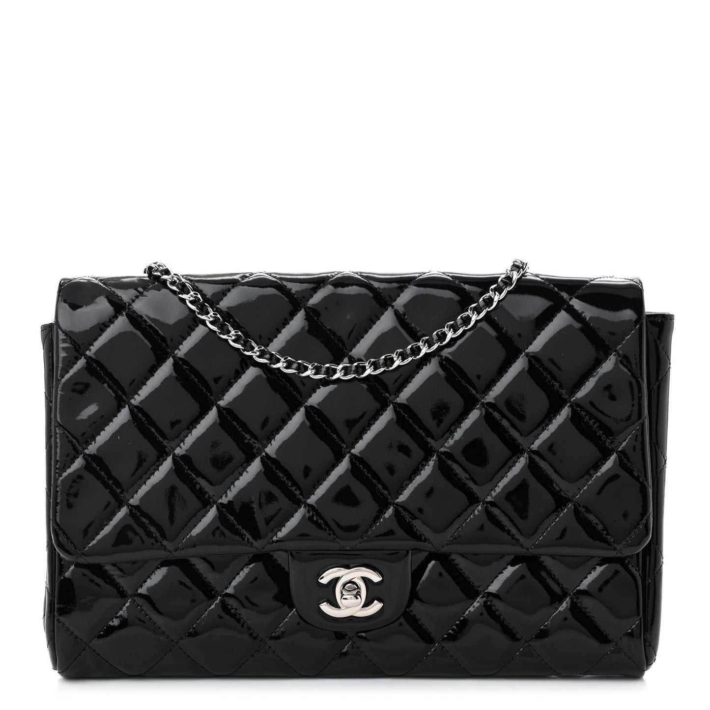 Patent Quilted Clutch with Chain Flap Black