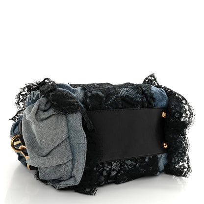 Dolce & Gabbana Denim Lace Calfskin Ruffled Miss Rouche Satchel Blue Black 4 of 9