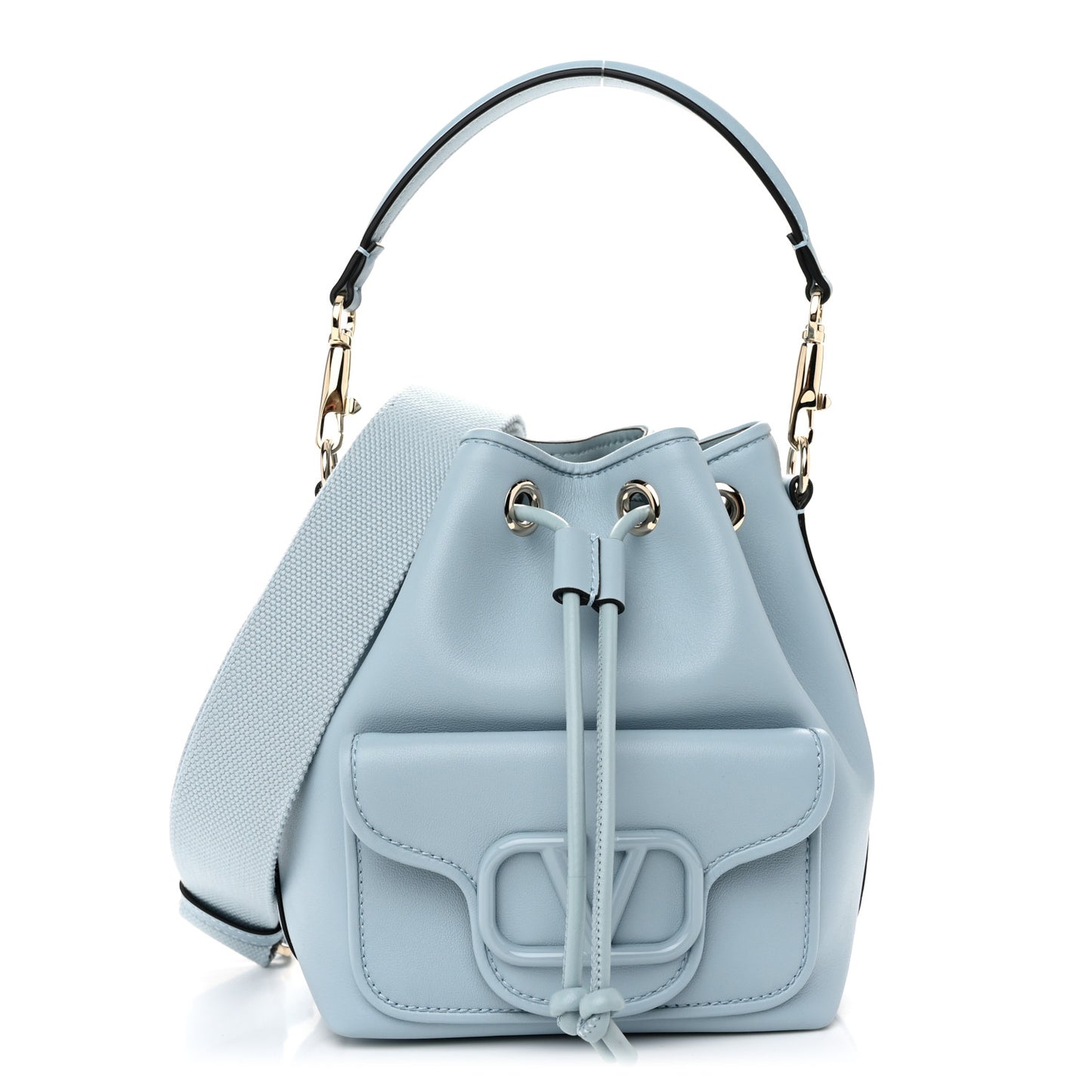 Calfskin Vlogo Small Loco Drawstring Bucket Bag Light Blue