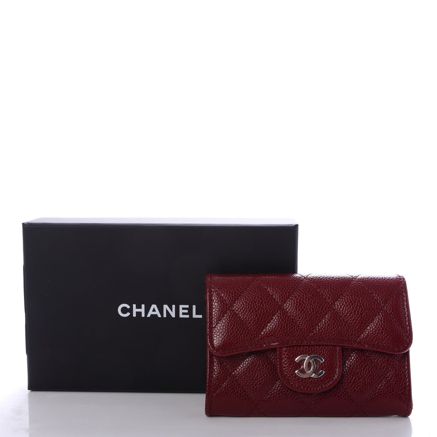 Caviar Quilted Flap Card Holder Wallet Dark Red