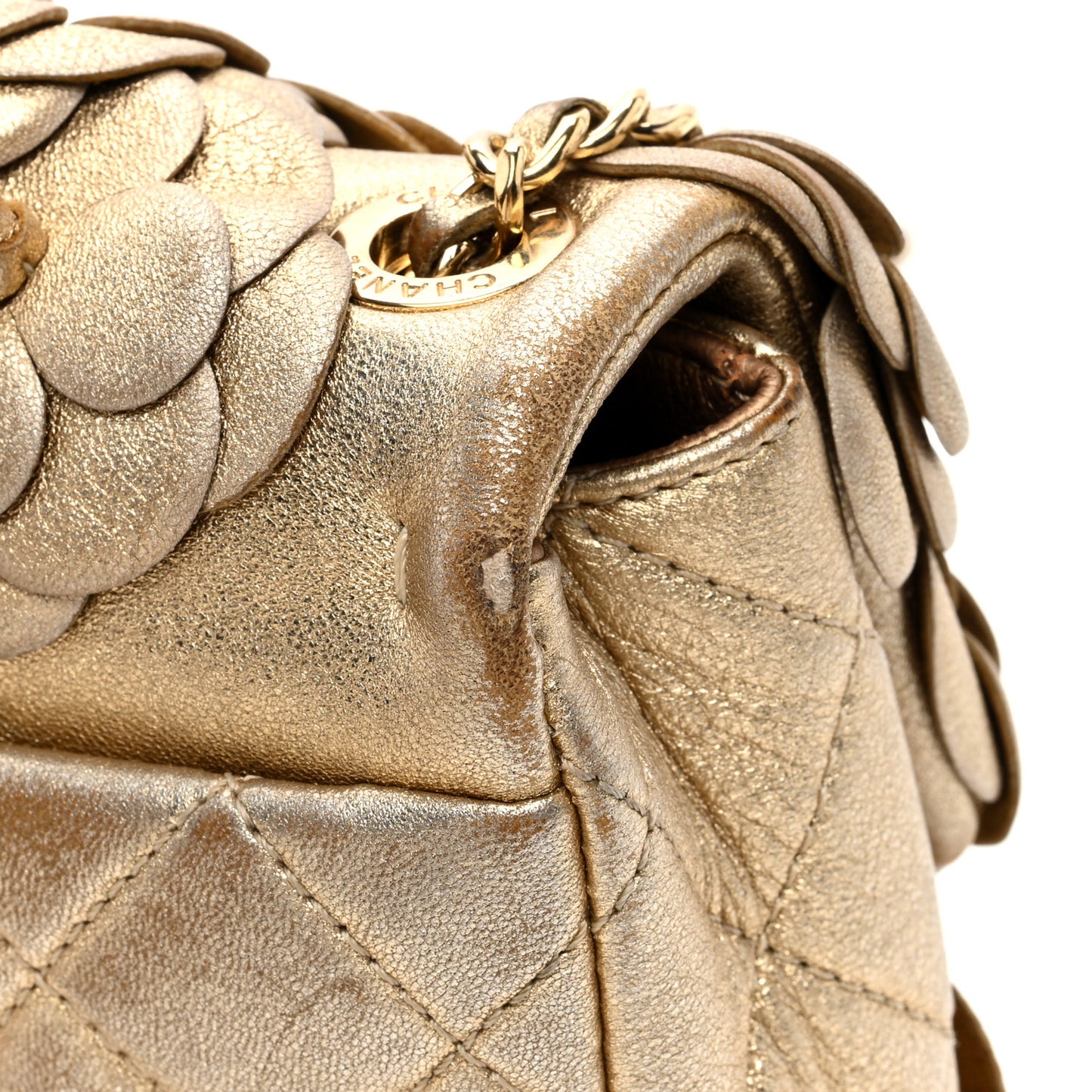 Metallic Lambskin Quilted Mini Camellia Flap Gold