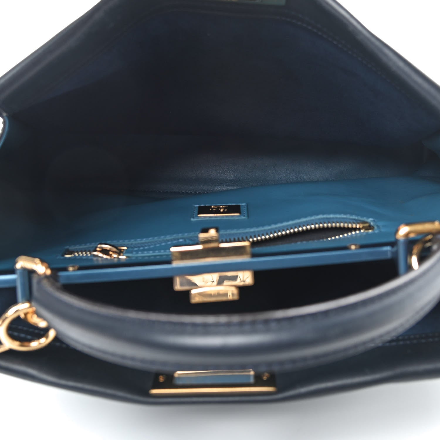 Fendi Vitello Seta Shiny Nappa Large Peekaboo Iconic Satchel Blue Notte Turchese 5 of 9