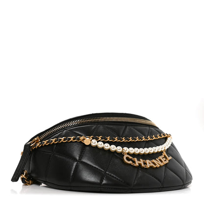 Chanel Shiny Lambskin Quilted Pearl Logo Waist Bag Black 4 of 10