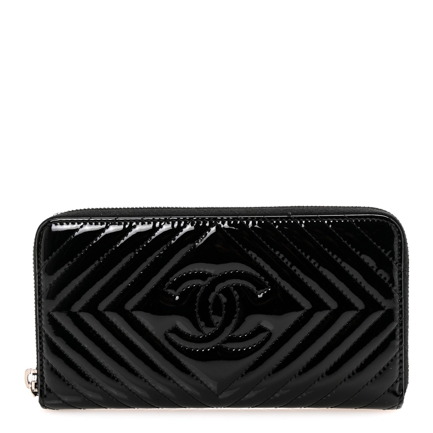 Chanel Patent Chevron Quilted CC Zip Around Wallet Black 1 of 18
