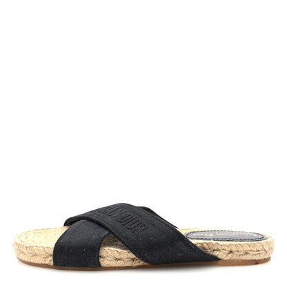 Christian Dior Canvas Embroidered Granville Espadrille Crisscross Flat Slide Sandals 38 Black 1 of 8