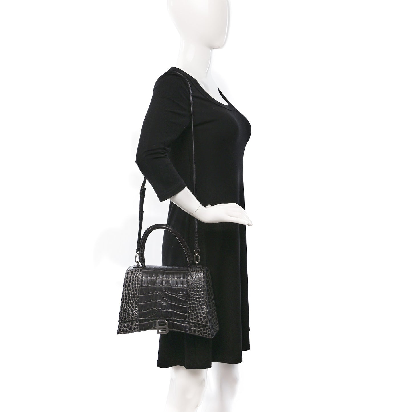 Shiny Calfskin Crocodile Embossed Medium Hourglass Top Handle Bag Dark Grey