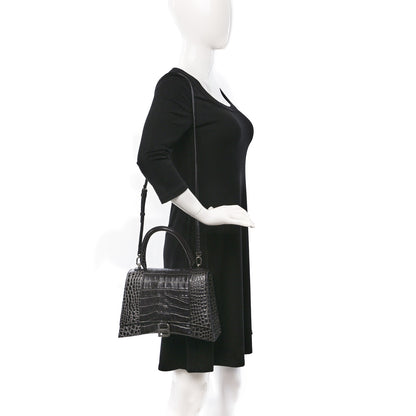 Balenciaga Shiny Calfskin Crocodile Embossed Medium Hourglass Top Handle Bag Dark Grey 2 of 10