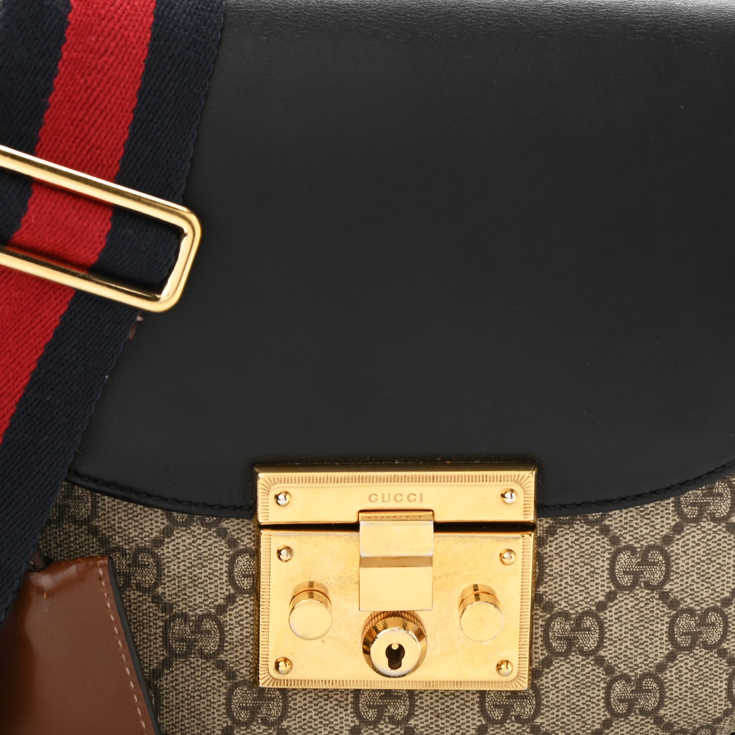 GG Supreme Monogram Web Medium Padlock Messenger Shoulder Bag Black