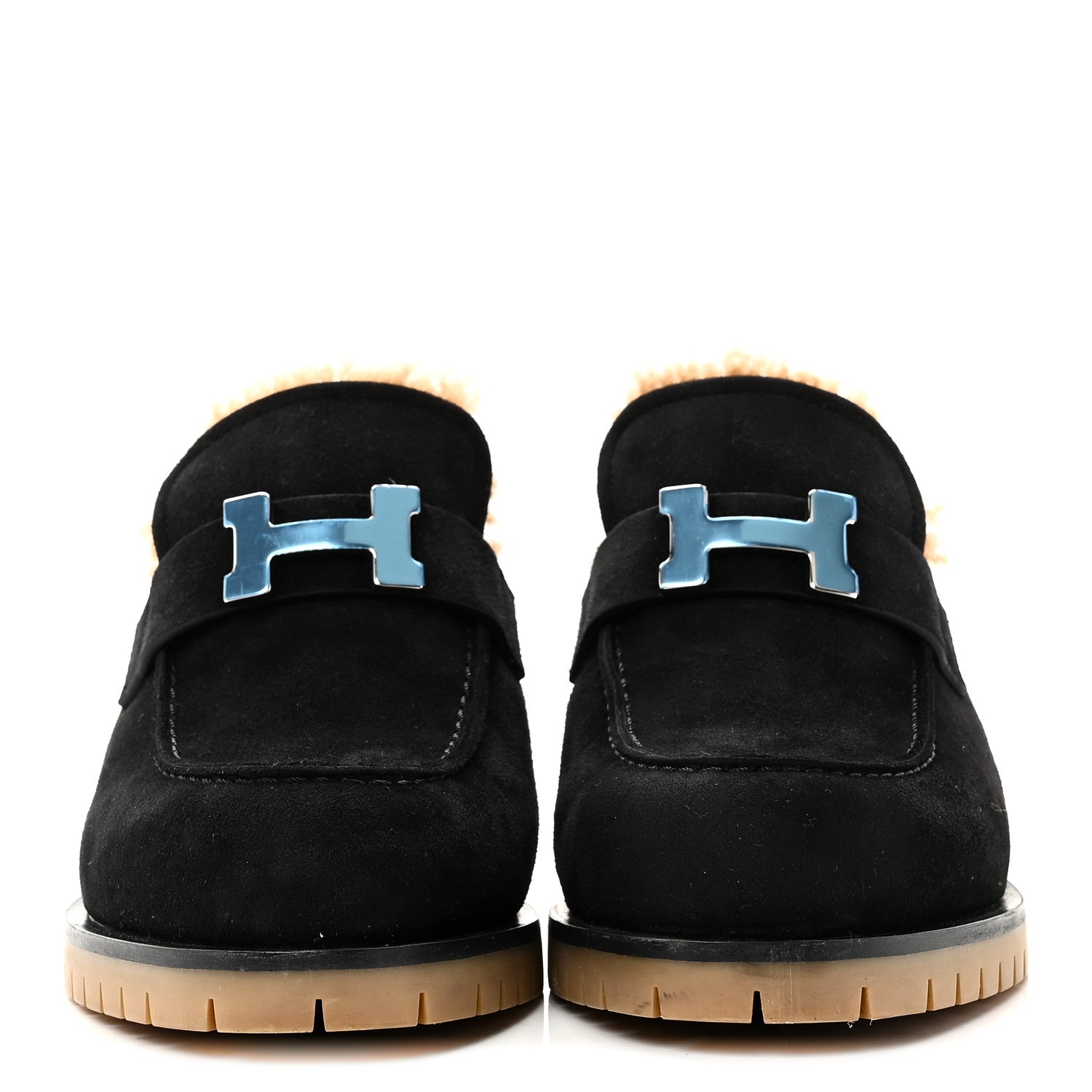 Hermes Suede Goatskin Woolskin Flore 60 Mules 36.5 Black Camel 3 of 10
