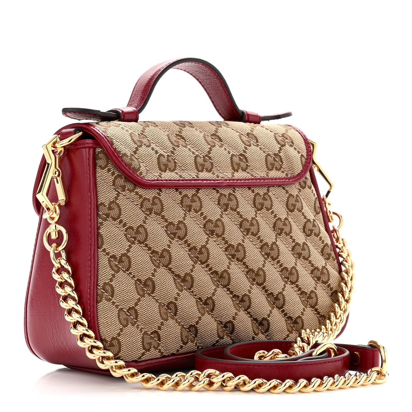 Monogram Glazed Calfskin Matelasse Diagonal Mini GG Marmont Top Handle Shoulder Bag Beige Ebony New Cherry Red