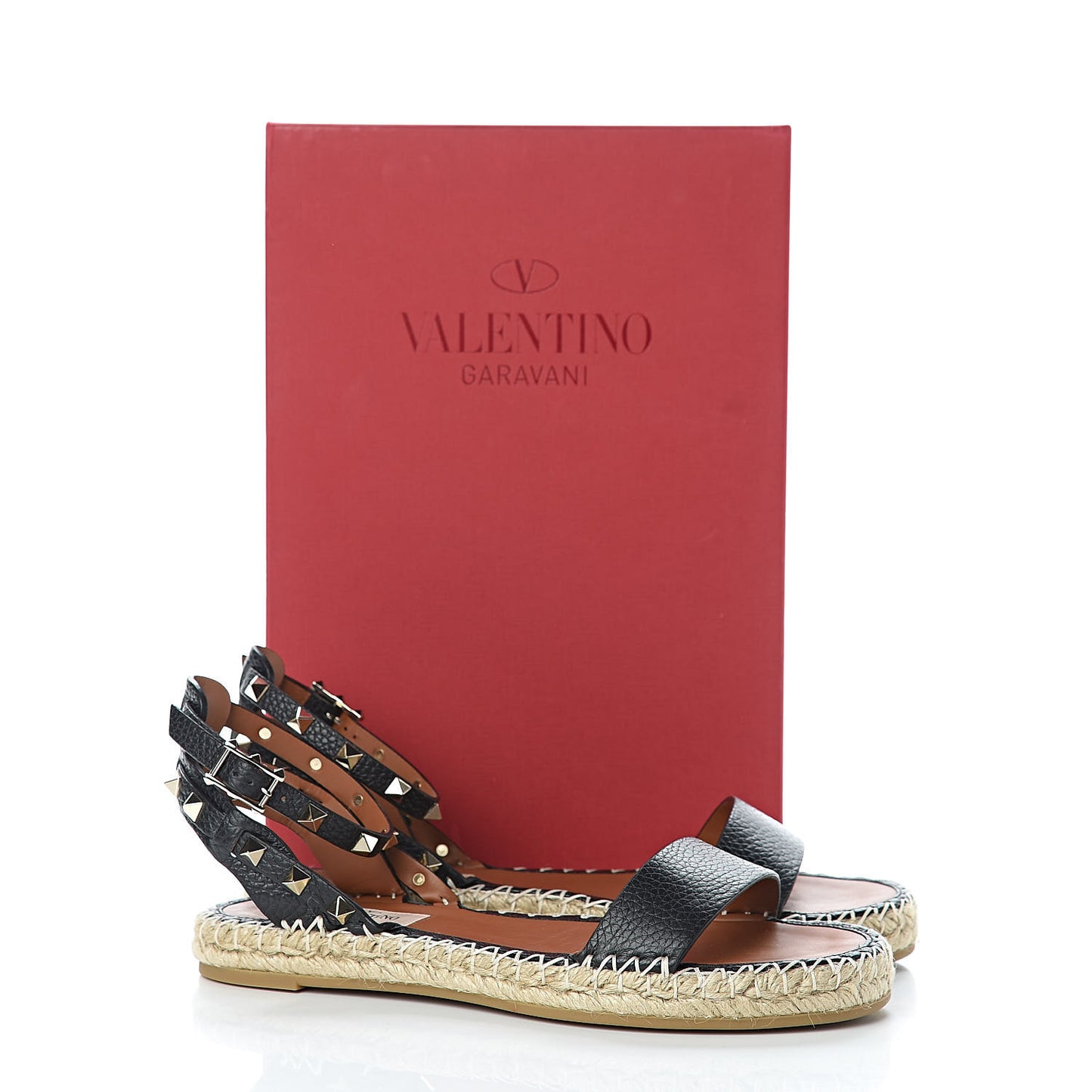 Grained Calfskin Rockstud Ankle Strap Espadrille Flat Sandals 37 Black