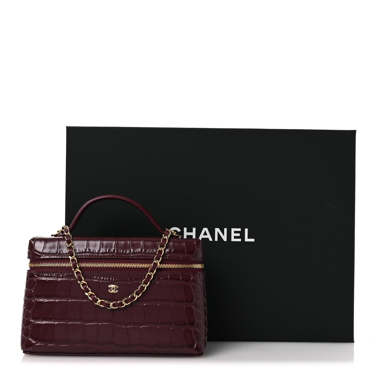 Calfskin Crocodile Embossed Crococo Exoticoco Vanity With Chain Dark Burgundy
