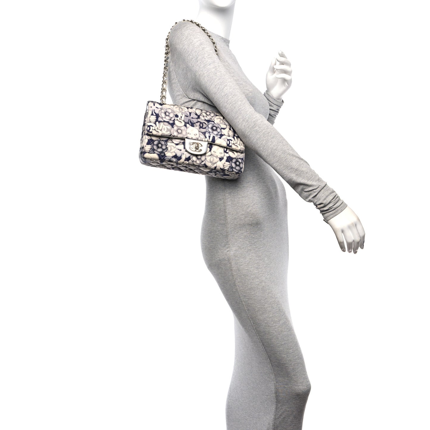 Nylon Quilted Medium Cat Emoticon Double Flap Navy Grey Ecru