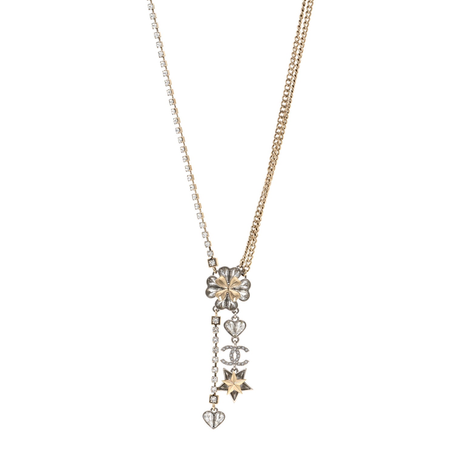 Chanel Crystal Clover Heart Star CC Drop Necklace Silver Gold 1 of 6