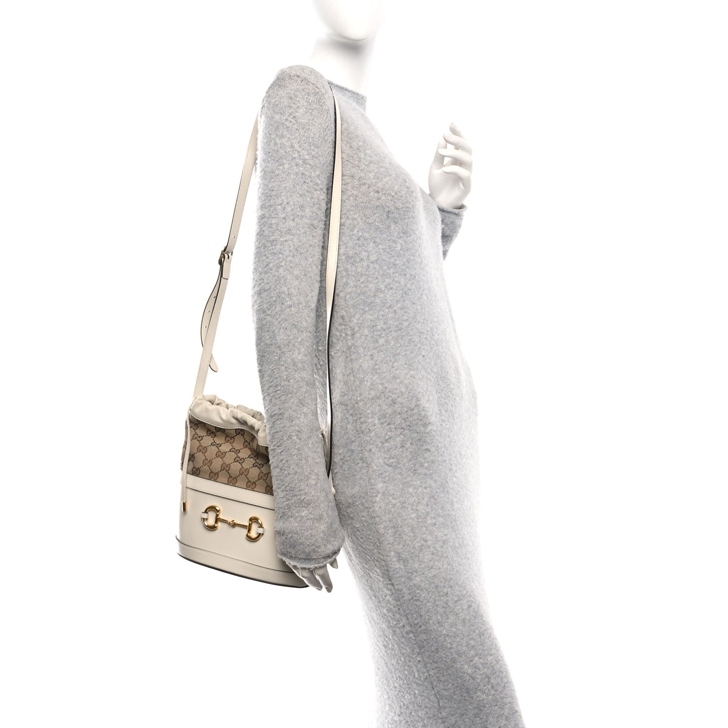 Monogram Textured Calfskin Horsebit 1955 Drawstring Bucket Bag Beige Mystic White
