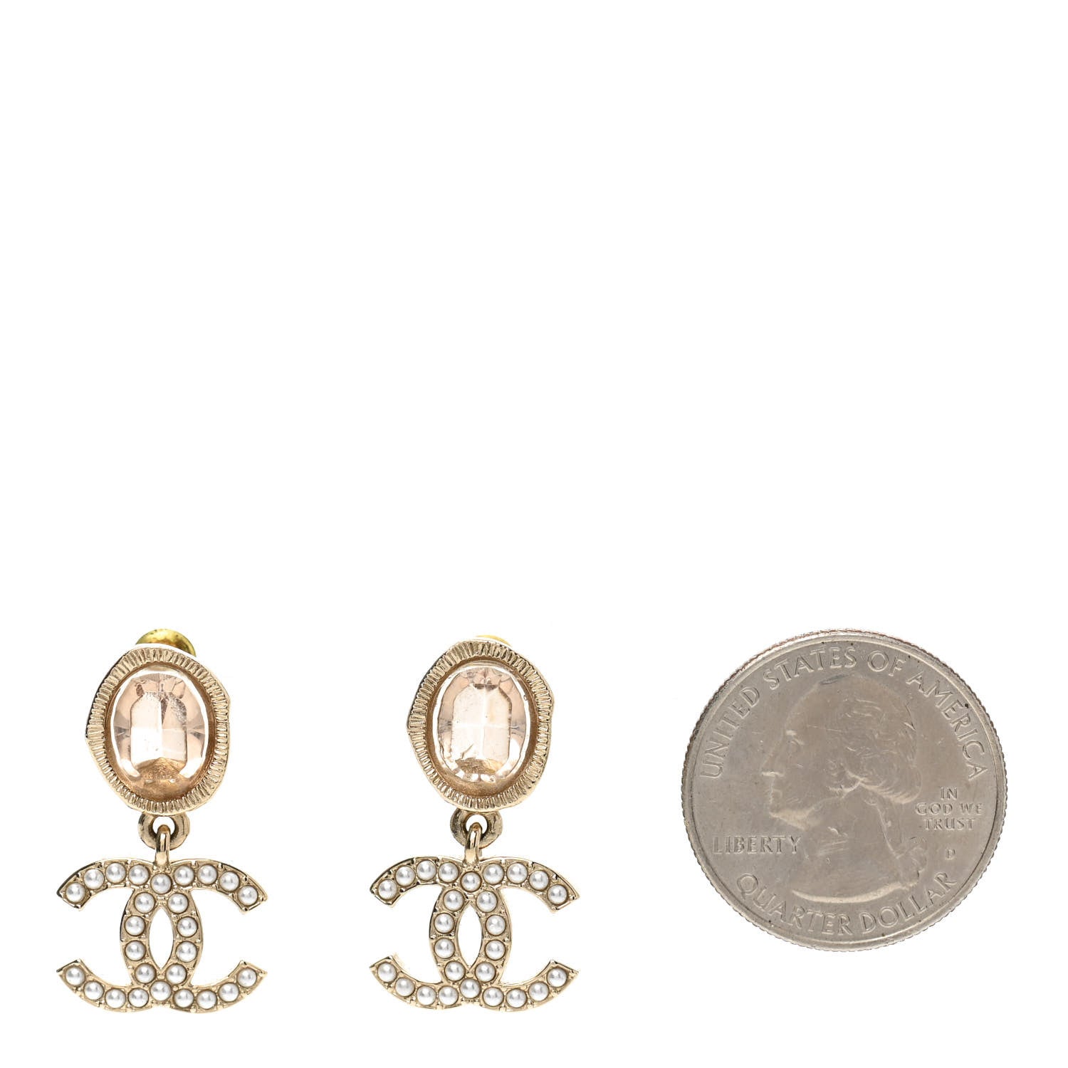 Chanel Crystal Pearl CC Drop Earrings Gold Pink 2 of 4