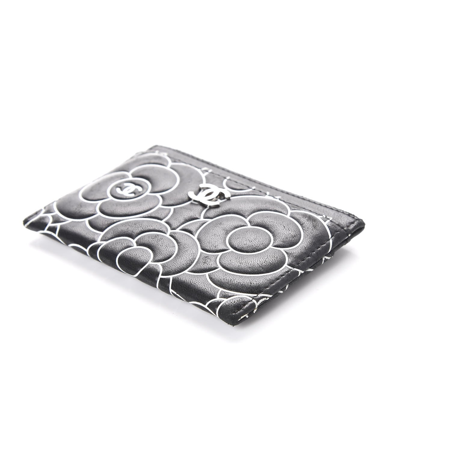 Chanel Lambskin Camellia Embossed Card Holder Black White 9 of 11
